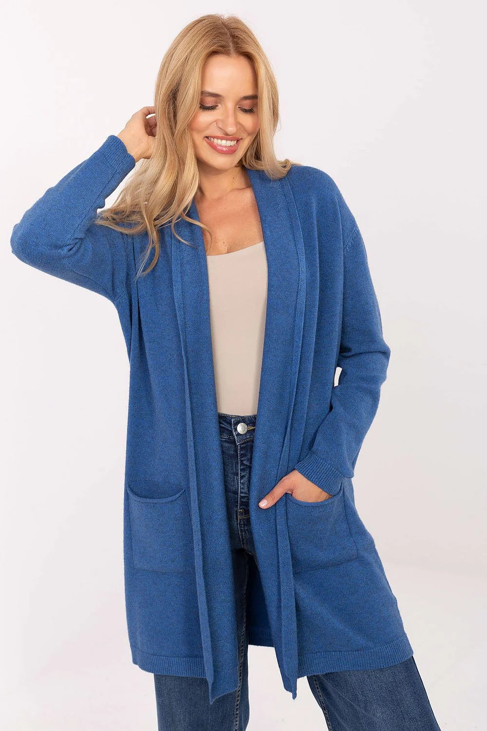 cardigan femme bleu roi col châle maille douce coupe décontractée manches longues poches plaquées bords côtes ourlet mi cuisses