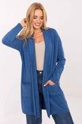 cardigan femme bleu roi col châle maille douce coupe décontractée manches longues poches plaquées bords côtes ourlet mi cuisses