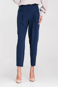 pantalon femme oversize taille haute fuselé cigarette cheville bleu marine plis marqués poches italiennes poches carrées passants ceinture tissu lisse
