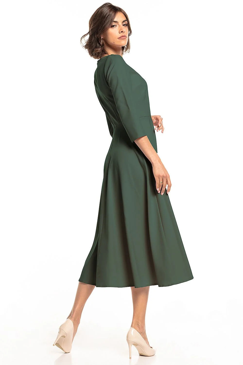 Robe élégante femme polyester élasthanne vert foncé ajustable mi-longue silhouette raffinée mode intemporelle