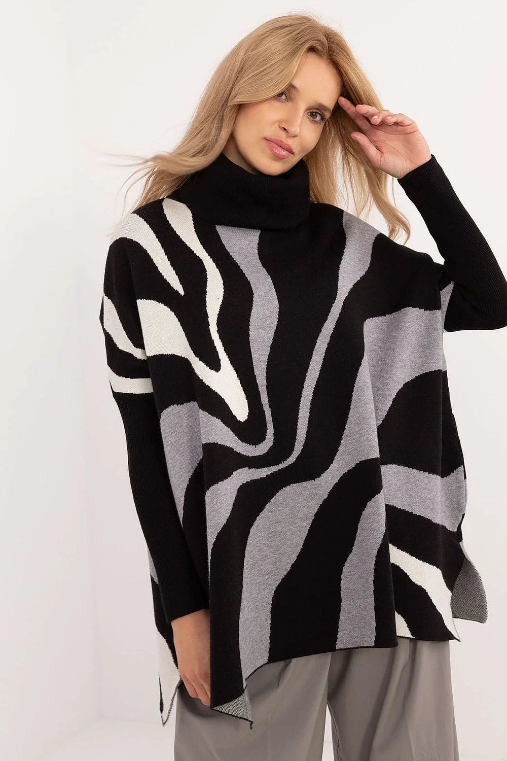 Poncho femme moderne design graphique抽象波纹图案tricoté col roulé texture douce saison froideusage casual et sophistiqué
