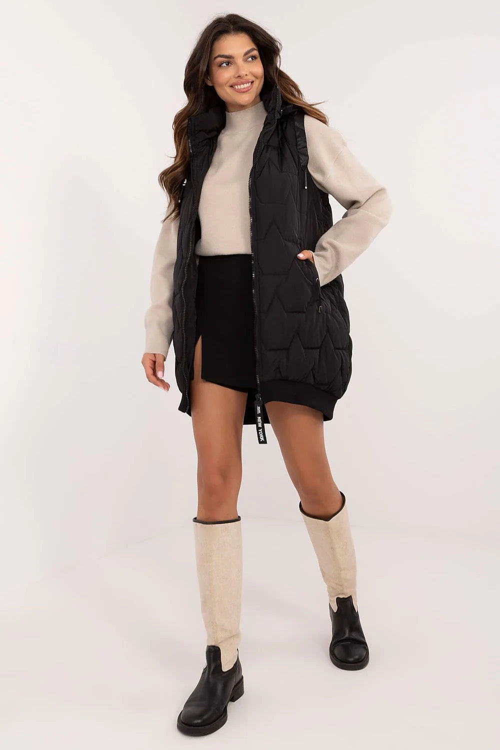 Gilet matelassé sans manches pour femme, coupe longue, col roulé, poches zippées, isolation thermique, style urbain, couleur noire, occasion quotidienne, automne-hiver-printemps