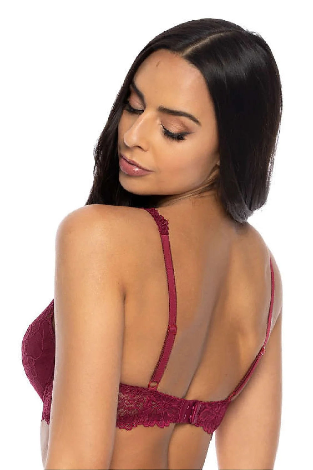 Soutien-gorge rembourré dentelle bordeaux floral classique modern style armatures bonnets plongeants bretelles réglables fermeture dos bijou décoratif femme lingerie raffinée