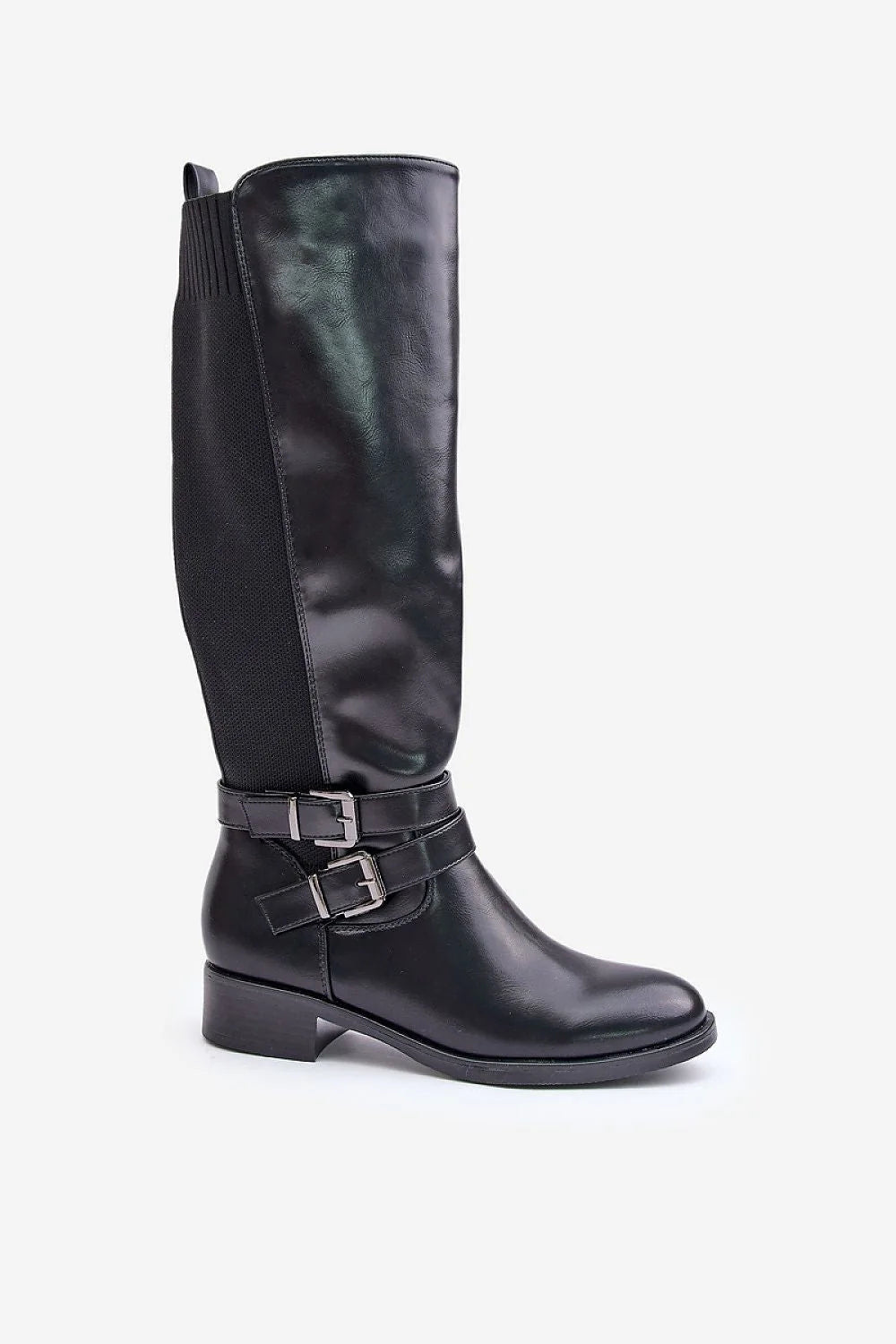 Bottes hautes élégantes en cuir noir synthétique moderne avec accessoires mode femme confort polyvalent