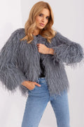 Veste pour femmes fourrure synthétique gris argenté style audacieux coupe courte manches longues col rond sans fermeture