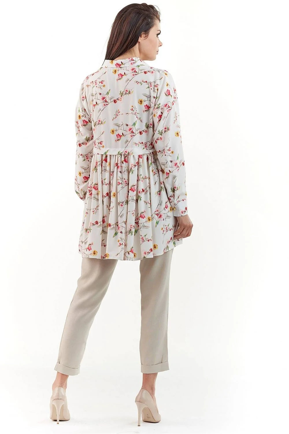 ensemble tunique pantalon floral rose pale polyester manches longues coupe droite semiformelle fluide doux col chemise mi cuisse