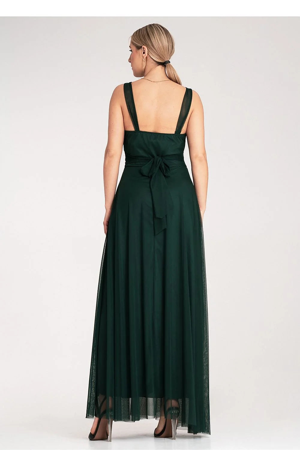Robe de soirée élégante longue sans manches décolleté arrondi bretelles larges taille cintrée tissu mousseline vert foncé tulle effet transparent femme polyester elasthanne