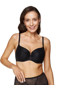 soutiengorge armatures coques moulées balconnet plunge noir dentelle jacquard motif feuillage décolleté plongeant galbe structuré bretelles fines réglables sousbande renforcée