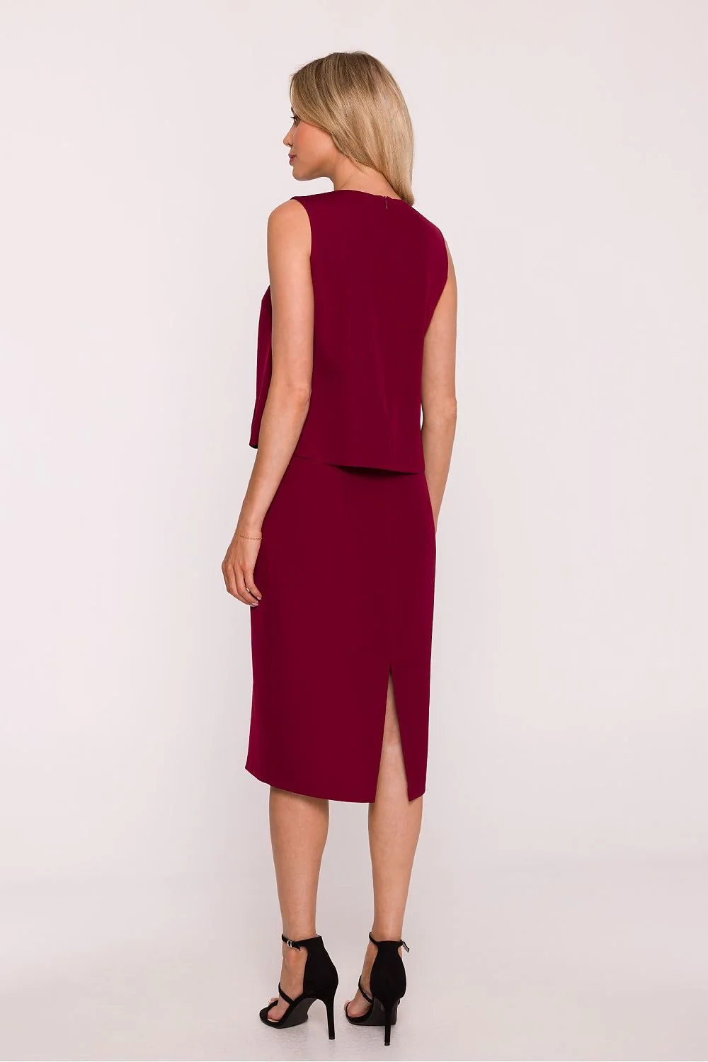 robe soirée crayon femme midi bordeaux profond top superposé fluide col V dentelle noire sans manches fente dos fermetures cachées