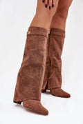 bottes femme suédé écologique cognac mi mollet tige froncée bride décorative boucle dorée bout pointu talon bloc moyen