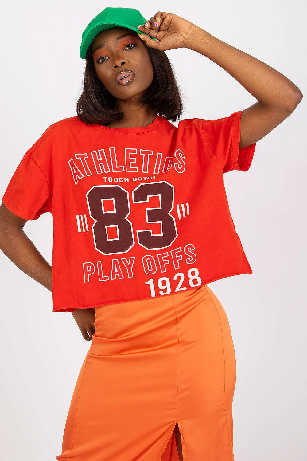 T-shirt Fancy sportswear femme manches courtes coupe ample coton 95% lycra 5% imprimé ATHLETICS TOUCH DOWN 83 PLAY OFFS 1928