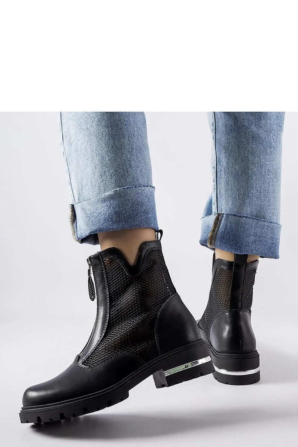 Bottines pour femmes modernes audacieuses en cuir noir et maille, style élégant et robuste, fermeture éclair intérieure, semelle crantée, confortable et durable