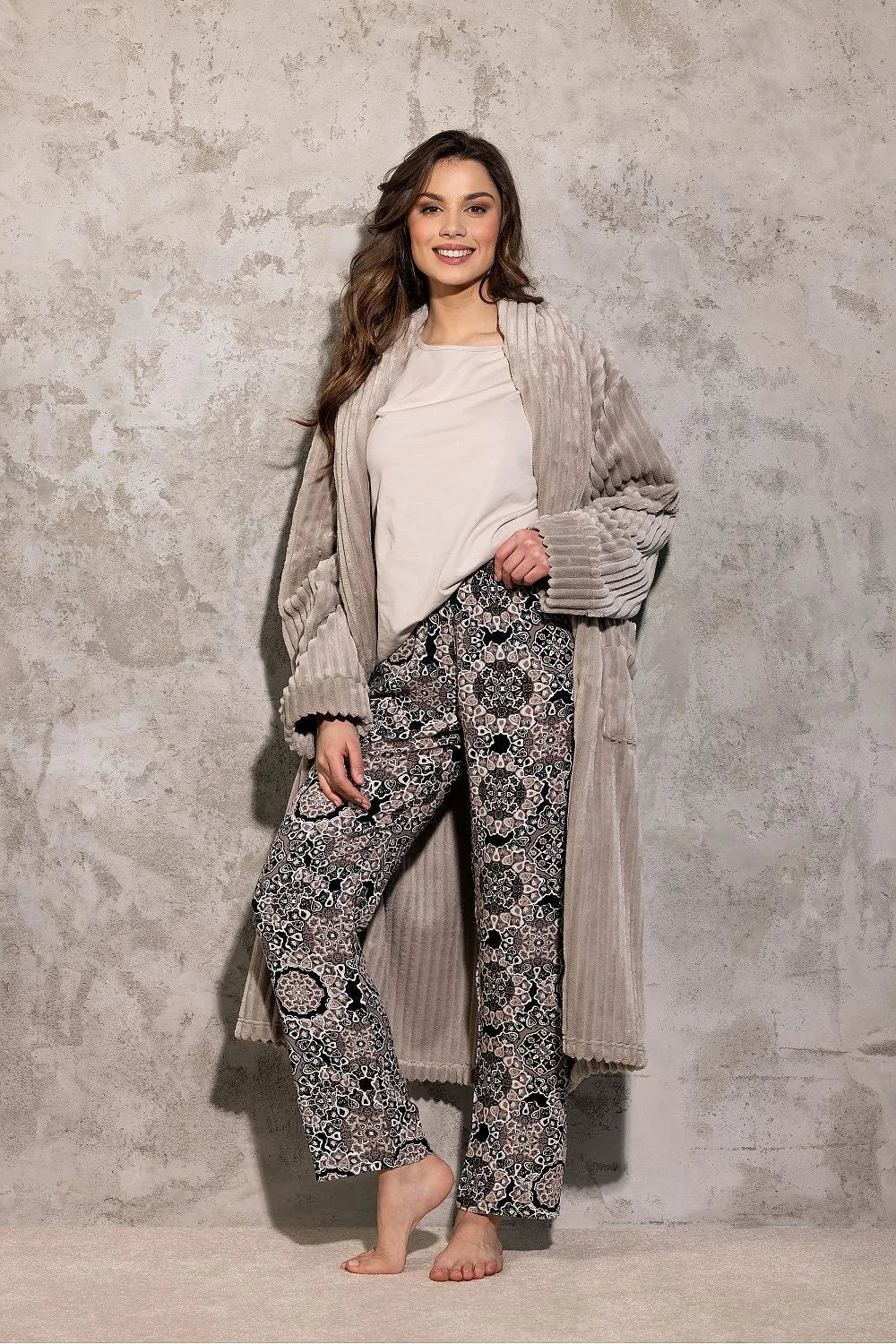 pyjama femme élégant confortable viscose manches troisquarts pantalon long imprimé floral géométrique taille élastique
