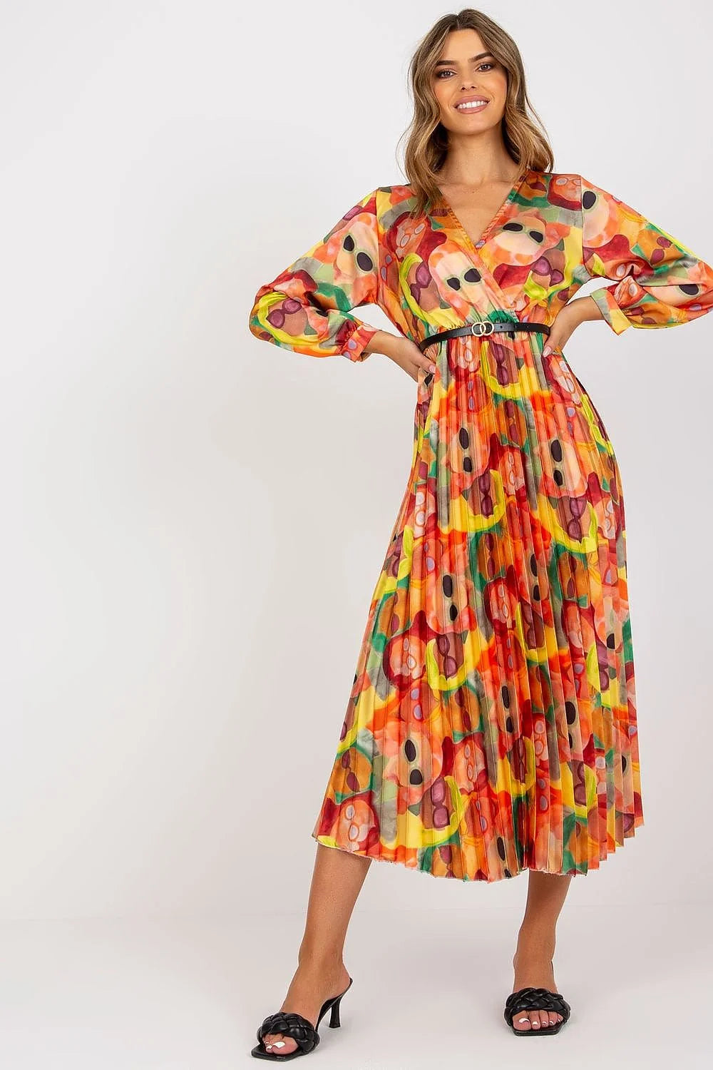 robe midi plissée imprimé abstrait multicolore cachecoeur décolleté V manches bouffantes taille cintrée ceinture fine noire boucle double métallique polyester