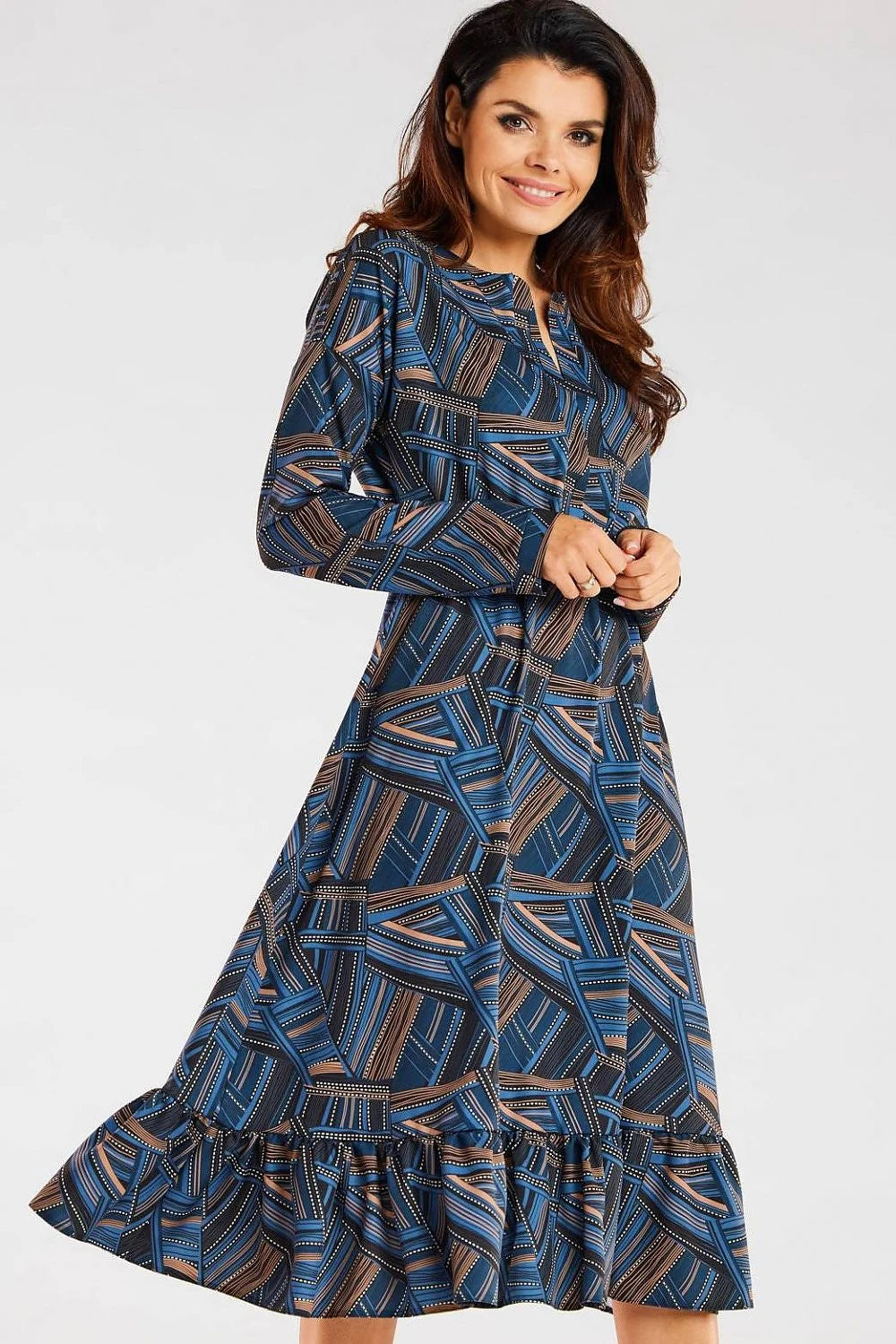 Robe awama femme style décontracté élégant floral automnal couleurs marron beige blanc noir manches longues taille élastiquée