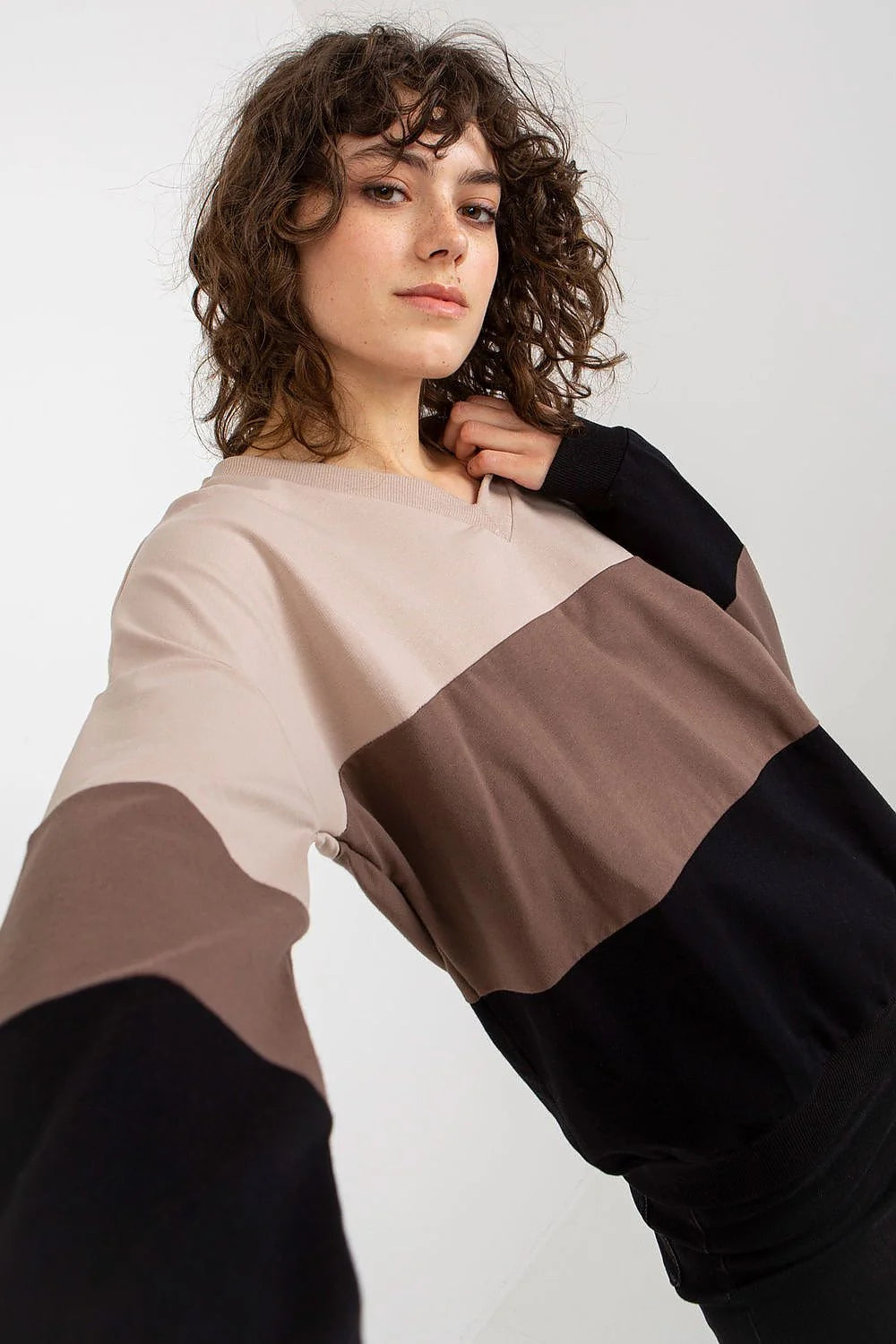 Sweatshirt femme Rue Paris manches longues en V blocs de couleur coton élasthanne confortable taille S M L XL