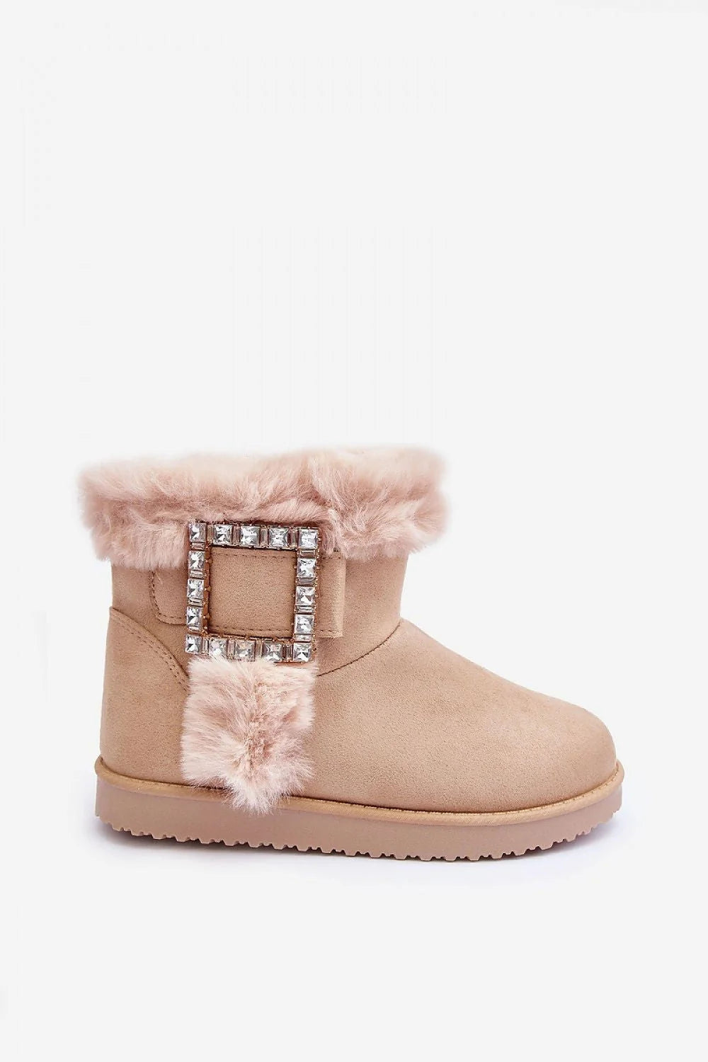 Bottes de neige modernes pour femmes en suédine beige fourrure intérieure semelle caoutchouc strass déco occasion hiver