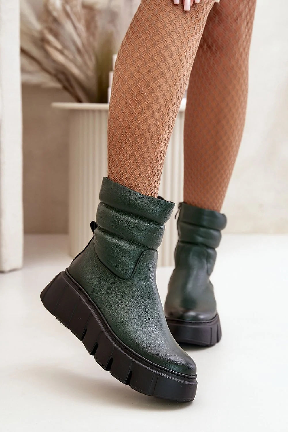 Bottes cothurnes Step in style cuir naturel vert foncé plateforme talon compensé femmes automne hiver