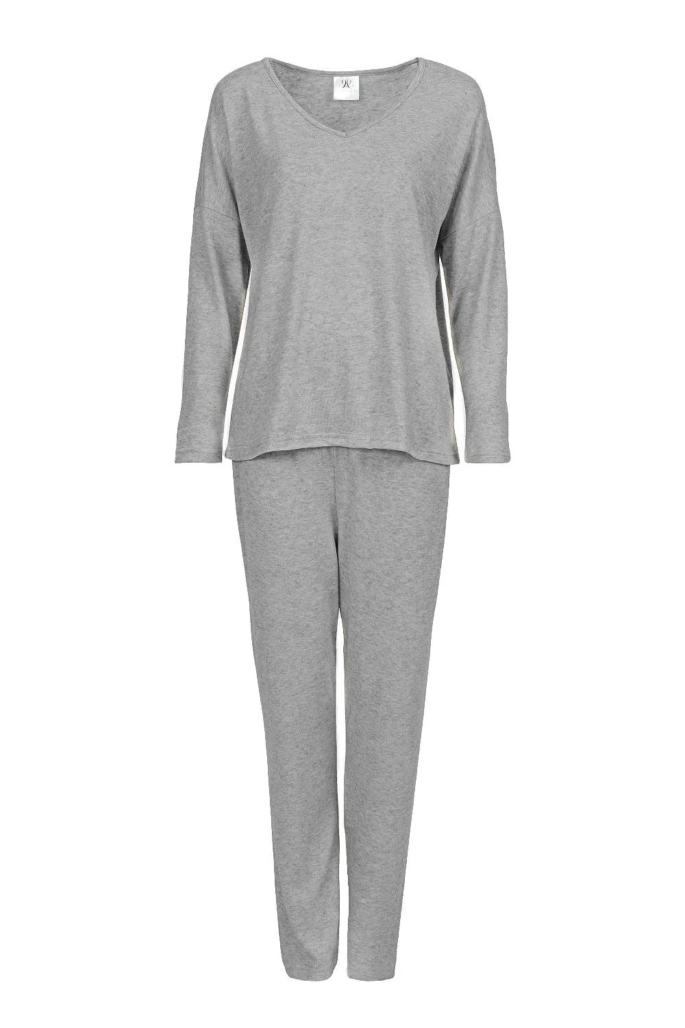 Pyjama pour femme en deux pièces élégant et confortable, homewear classe en coton mélangé, couleur grise chinée, taille élastique ajustable, pantalon droit ajusté, haut col V manches longues