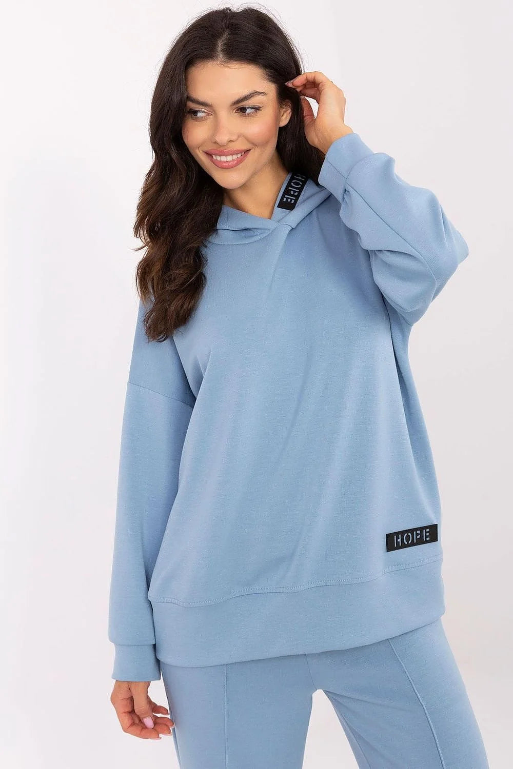 Ensemble vêtements détente pour femmes sweat à capuche et pantalon assorti bleu clair confortable tendance moderne tissu doux élastique taille waist drawstring hood occasion casuelle domicile loisirs design unique