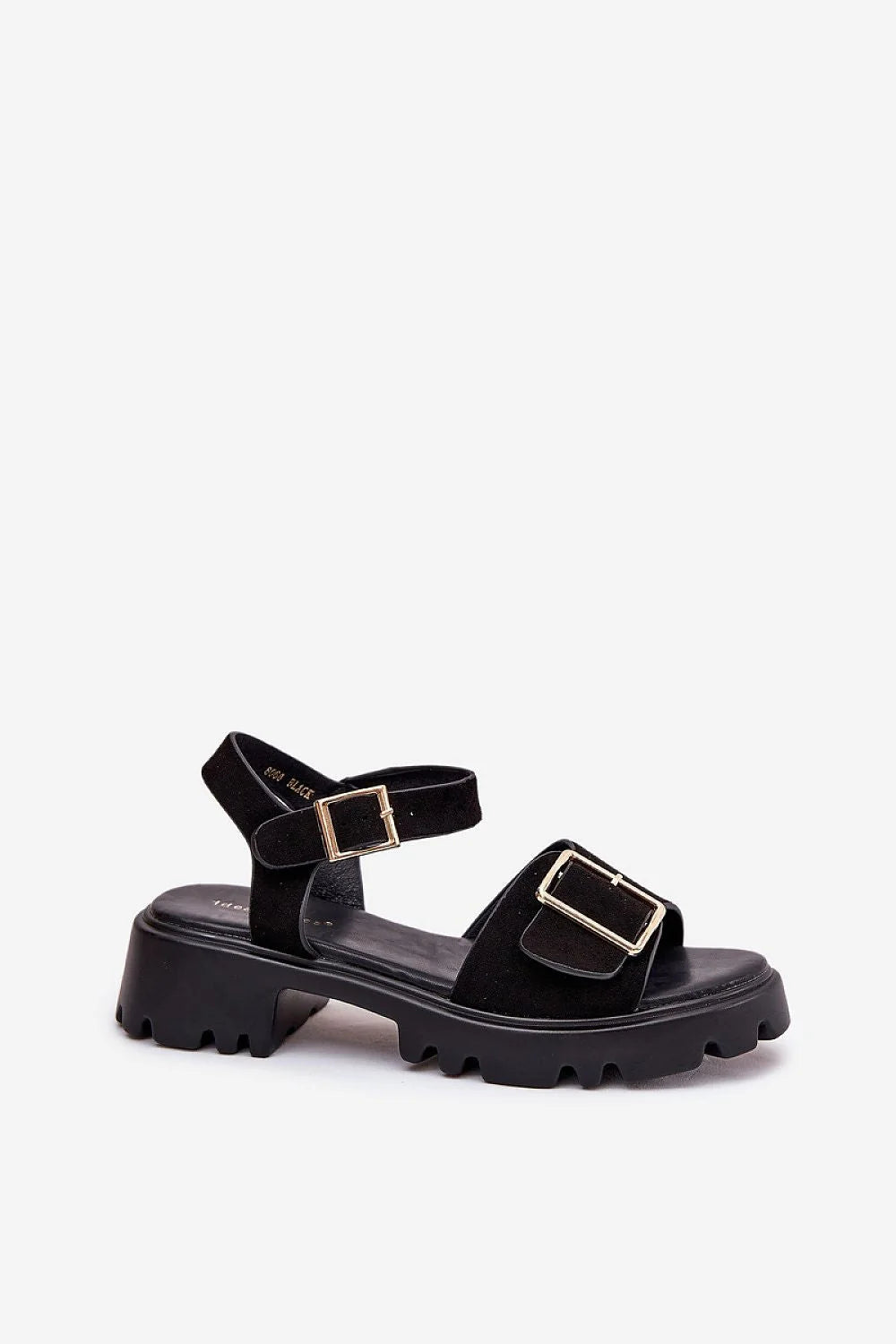 Sandales pour femmes moderne audacieux daim noir plateforme ajustables boucle dorée casual-chic confort écolabellisé