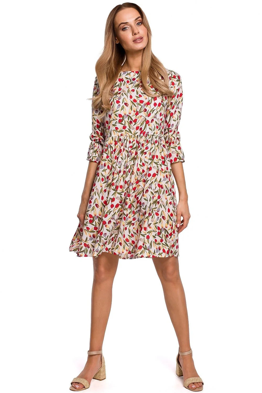 robe évasée viscose fluide imprimé floral noir délicat blanc rose vert manches troisquarts fronces col rond taille empire courte légère