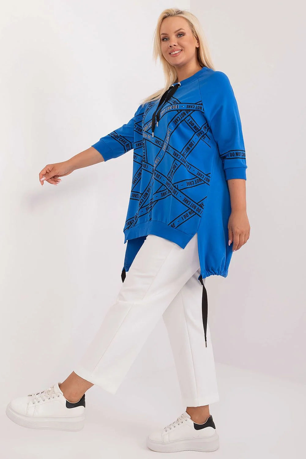 Chemisier grande taille style décontracté couleur bleu électrique motifs graphiques manches 3/4 encolure ronde strass polyester coton femmes vêtements mode