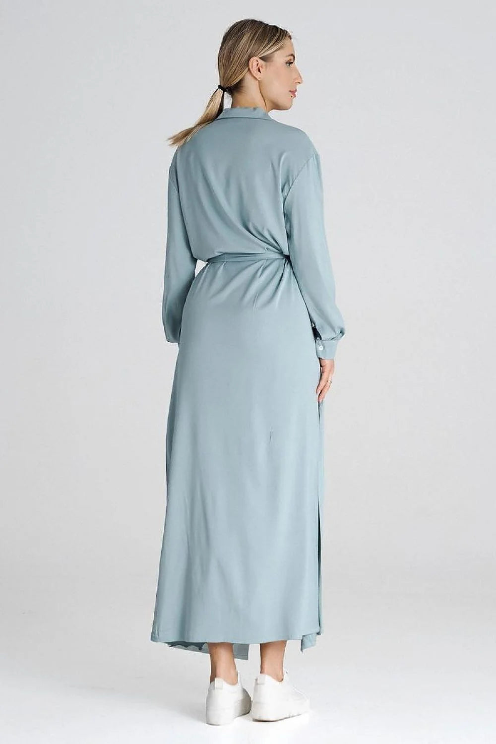 Robe de jour Figl longue chemise style moderne élégant col chemise manches longues boutons poignets ceinture taille fente latérale sans poches