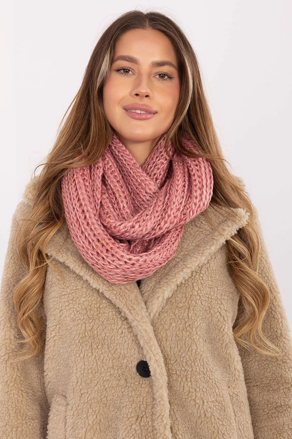 snood écharpe col grosse maille rose poudré tricot chunky chinée éclats dorés double douillette isolante hiver polyester 65cm