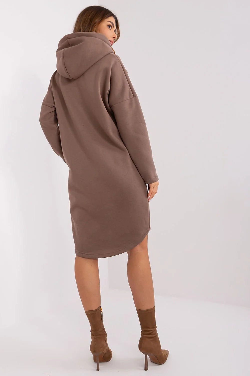 Robe Sweat à Capuche Longue Fendue en Coton-Polyester Femme Brun Taupe