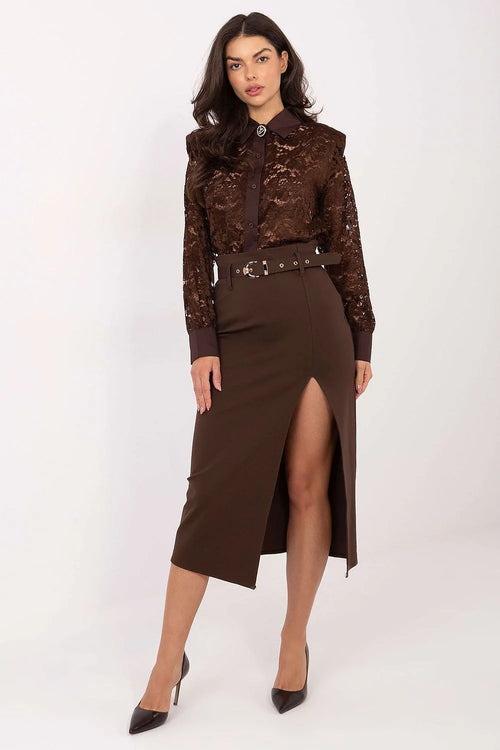 jupe crayon midi taille haute ceinture boucle dorée fente latérale ajustée élasthanne viscose nylon structuré soyeuse élégante féminine sophistiquée intemporelle