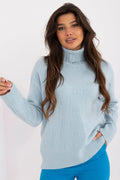 Pull à col roulé pour femme en acrylique polyester polyamide bleu pastel texture motif relief manches longues ourlet côtelé