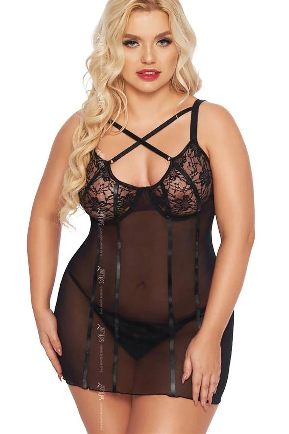Nuisette sexy élégante Dentelle Satin Maille noire Transparence occasion spéciale String assorti femme