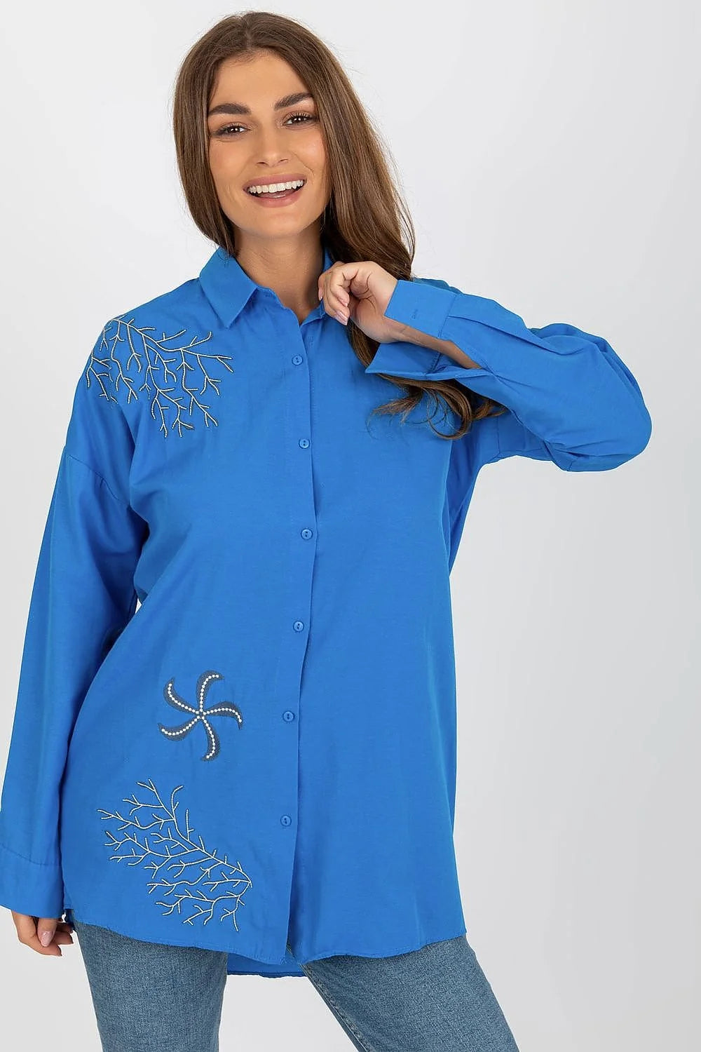 chemise femme manches longues ample bleu profond broderies branches perles strass col classique boutonnée fluide décontractée