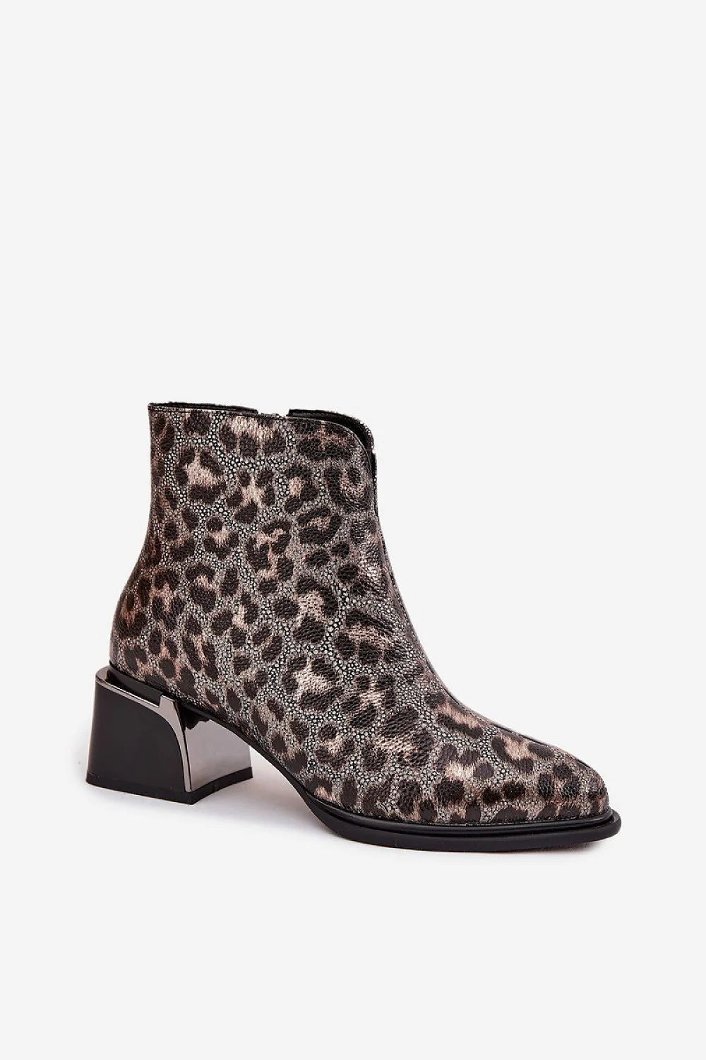 bottines femme cuir naturel motif léopard brun noir talon bloc stable bout amande coutures décoratives semelle contrastée zip doublure chaude