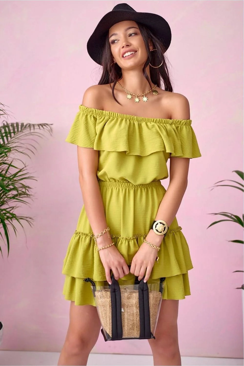 Robe de jour Roco Fashion épaules ouvertes volants vert olive coton viscose taille ajustable femmes été décontracté