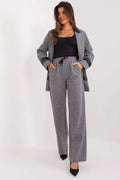 Pantalon femme Lakerta large à taille haute en coton élasthanne gris noir avec ceinture noire et poches zippées