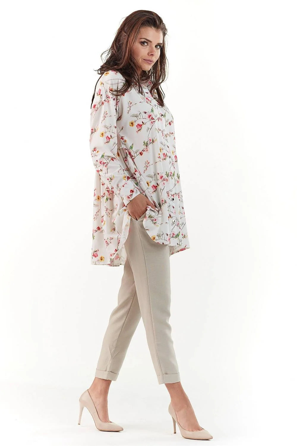 ensemble tunique pantalon floral rose pale polyester manches longues coupe droite semiformelle fluide doux col chemise mi cuisse