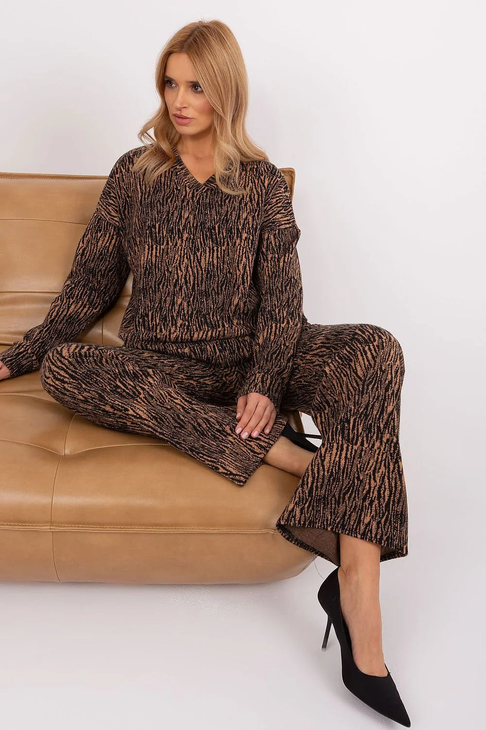 Lakerta ensemble femme animalier zébré noir camel maille tricotée coton élasthanne confortable manches longues col V pantalon évasé taille élastiquée