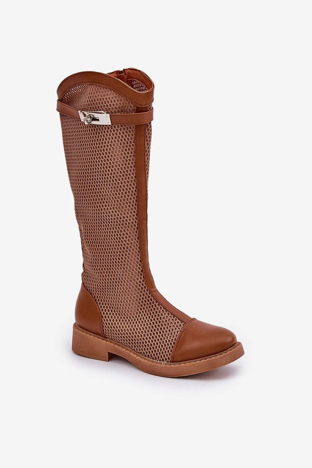 Bottes cuissardes élégantes à tige mesh beige pour femme, style moderne, cuir éco-lisse marron, semelle gomme surélevée, fermeture éclair latérale métal argenté, printemps-été
