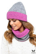 Bonnet réversible Kamea pour femme en gris et rose, ensemble avec écharpe assortie, matériau doux, 4 styles possibles, haute qualité, accessoire hiver féminin