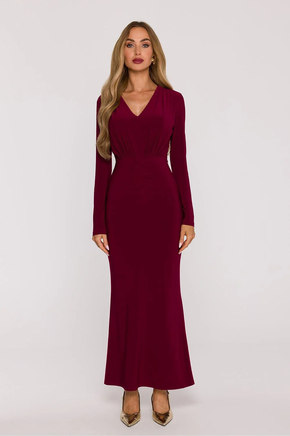 robe longue maxi élégante féminine fluide douce stretch gainante sirène bordeaux manches longues col V drapé taille ceinture amovible polonaise