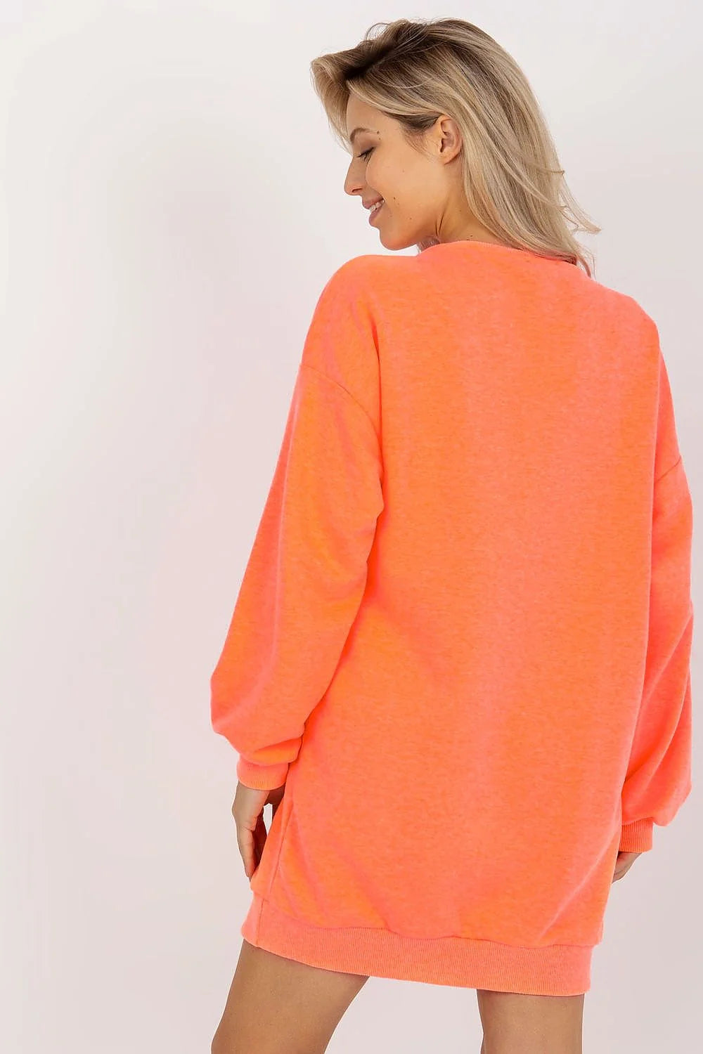 sweatshirt long femme oversize corail fluo molleton coton polyester doux col rond manches bouffantes poignets côtelés impression TEXAS
