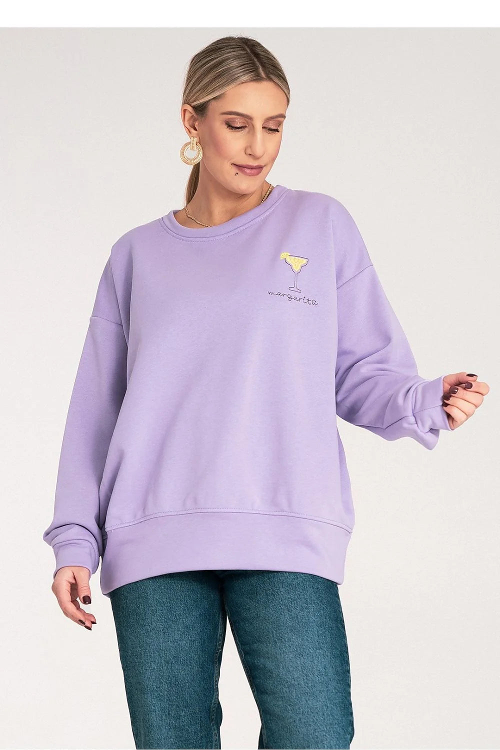 Sweatshirt femme décontracté broderie margarita couleur pastel lavande manches longues coupe ample