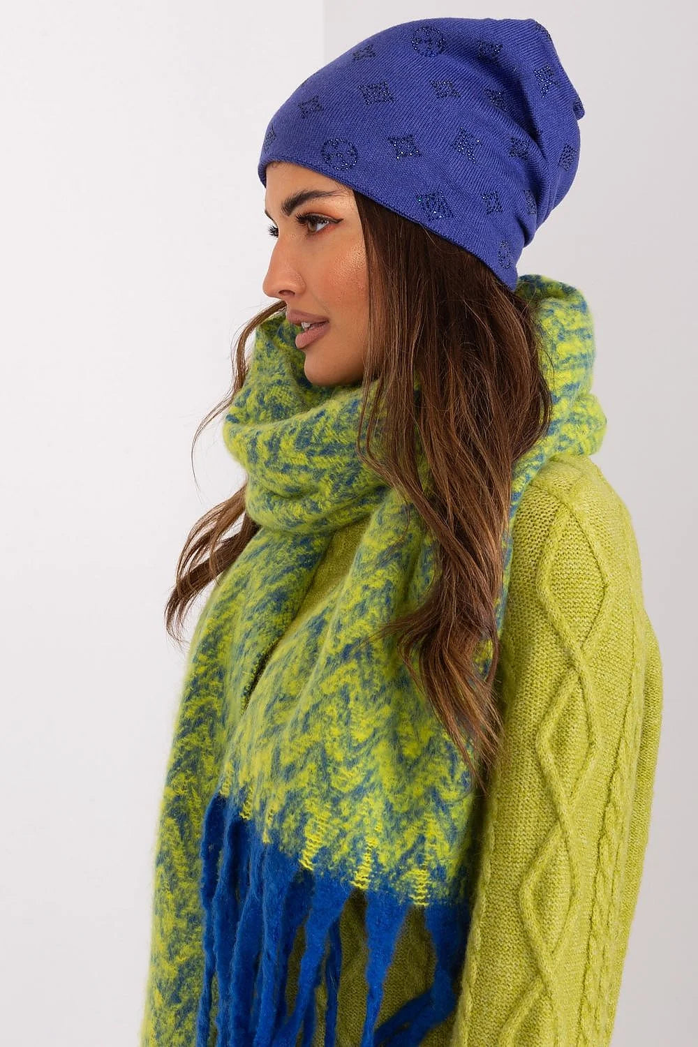 Set d'accessoires d'hiver pour femme, bonnet, écharpe, pull, maille douce, laine, cachemire, motifs discrets, style moderne, élégant, confortable, idéal pour l'hiver