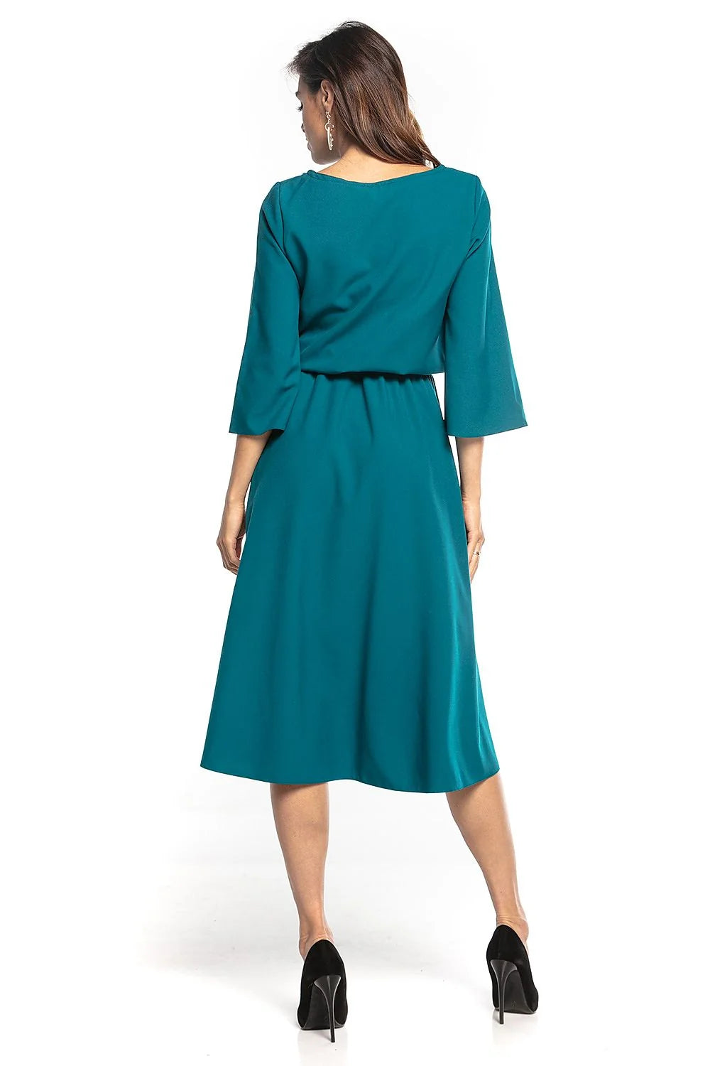 Robe élégante polyester asymétrique chic manches trois-quarts ceinture ajustable bleu canard pour femmes modernes