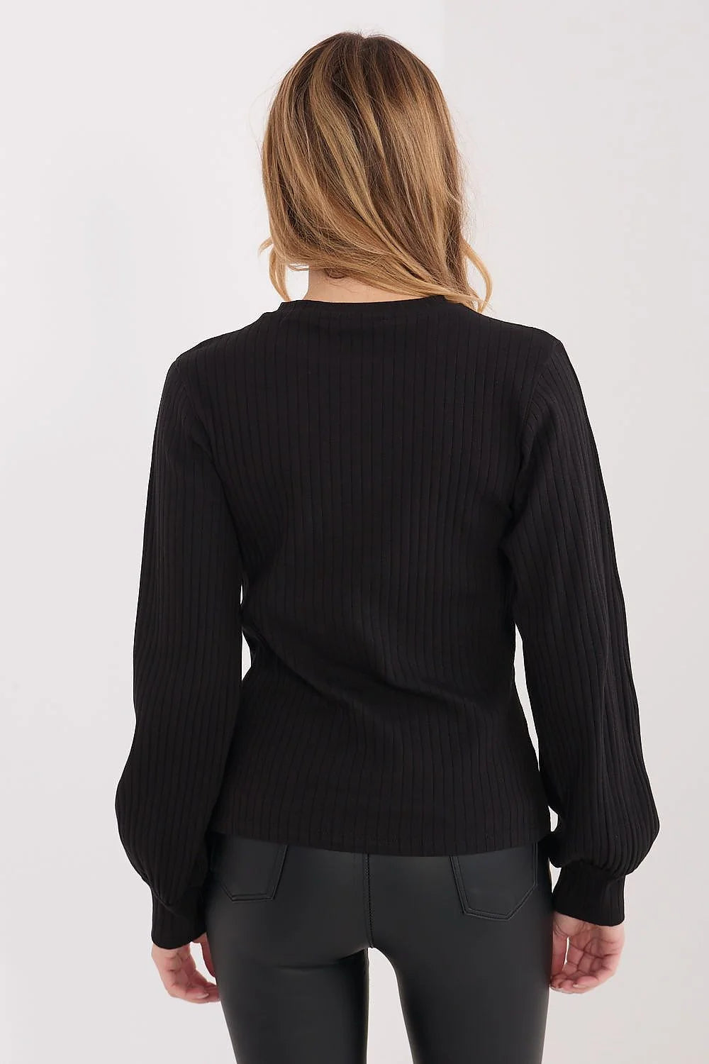 chemisier rayures larges noir maille côtelée col rond manches longues ballon poignets broderie logo contrastant beige coton élasthanne doux confortable