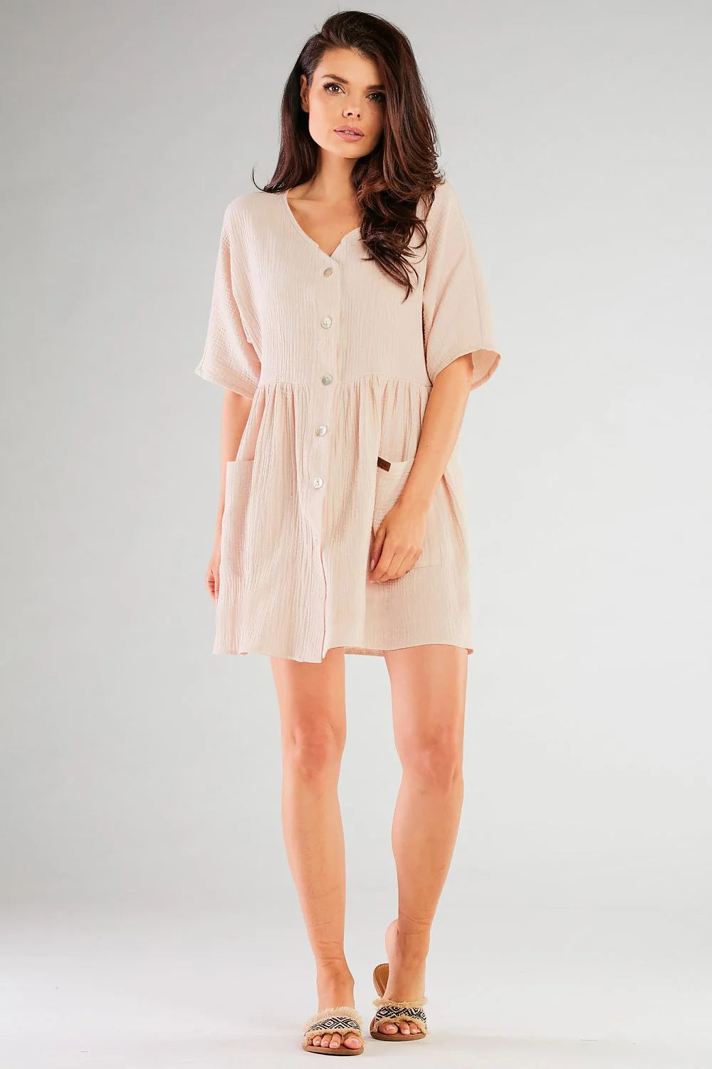 robe été féminine décontractée manches courtes col V boutons nacrés poches plaquées coupe ample empire double gaze légère respirante confortable
