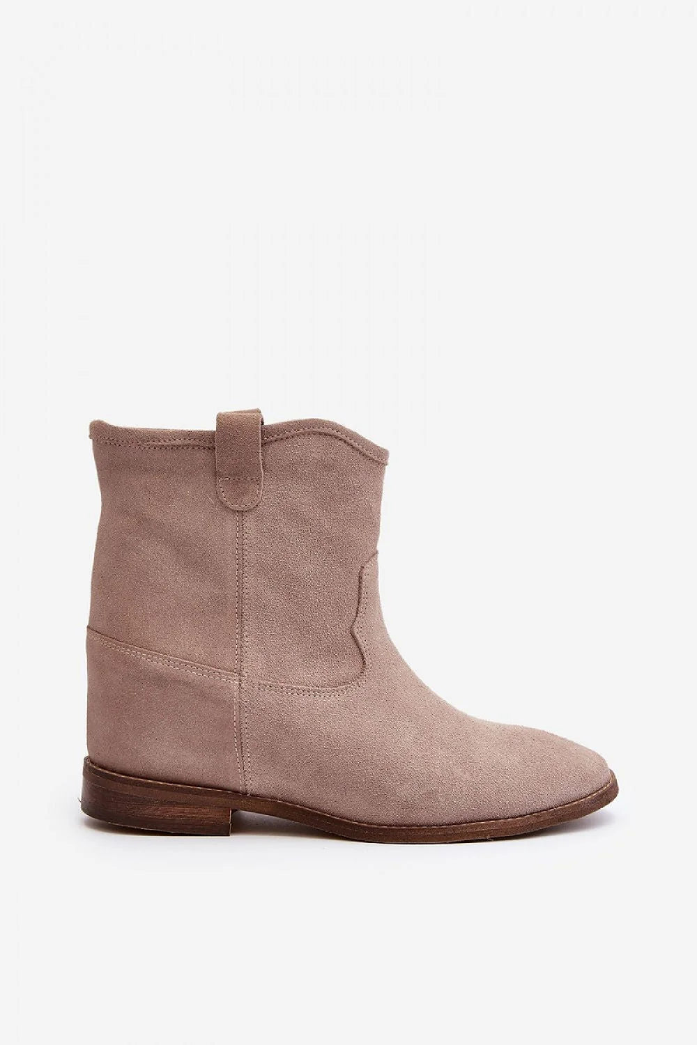 Bottines élégantes en daim naturel pour femme, style urbain chic, talon plat, semelle cuir, beige taupe, taille ajustable