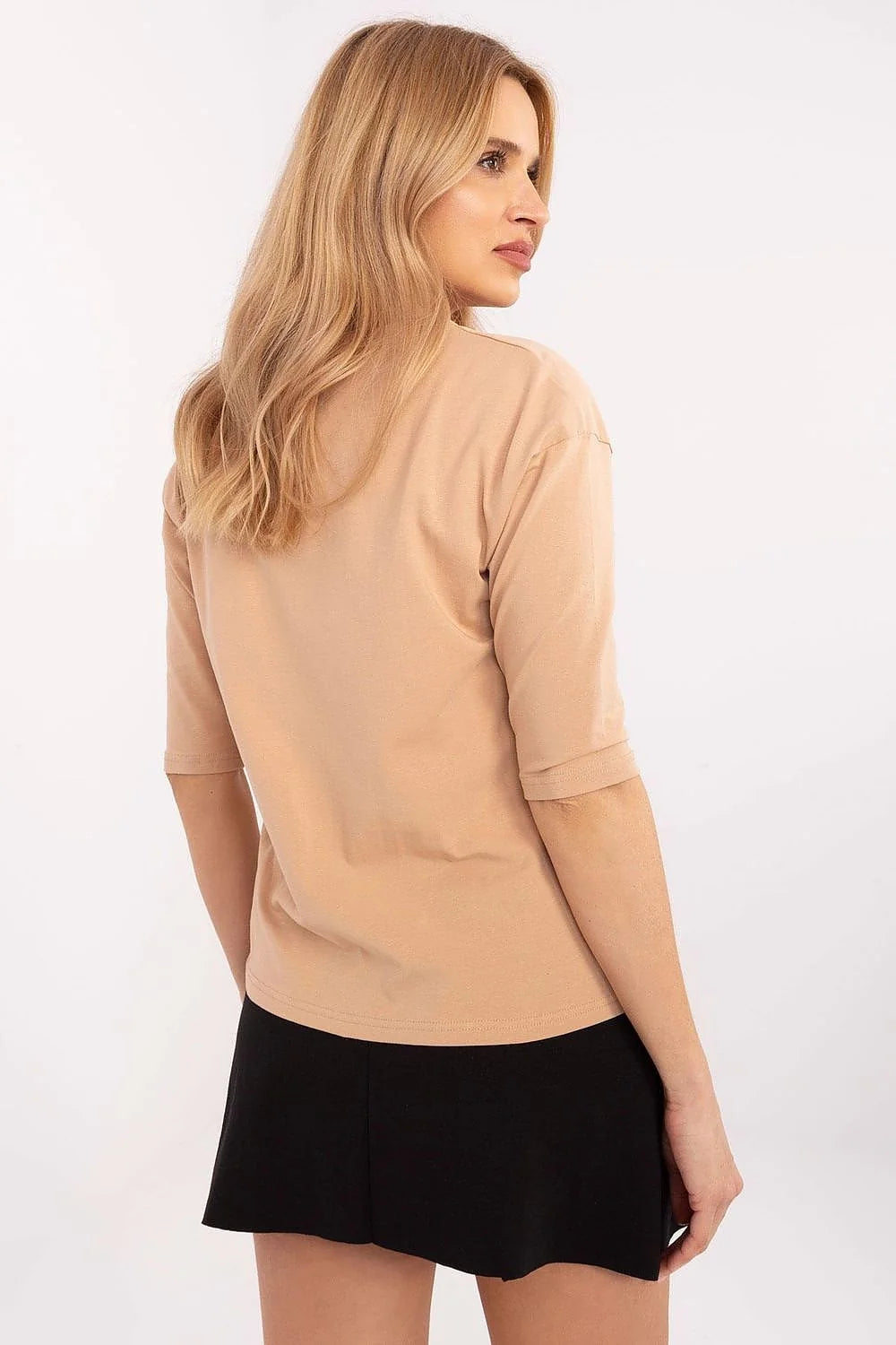T-shirt féminin casual longueur standard manches 3/4 col rond imprimé Free Spirit Kind Heart motifs dentelle cœur doré coton élasthanne beige
